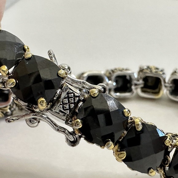 Bracelet Black Faceted Tennis Style Two Toned Safety Clasp IJDI China 925 Marked - Picture 2 of 13